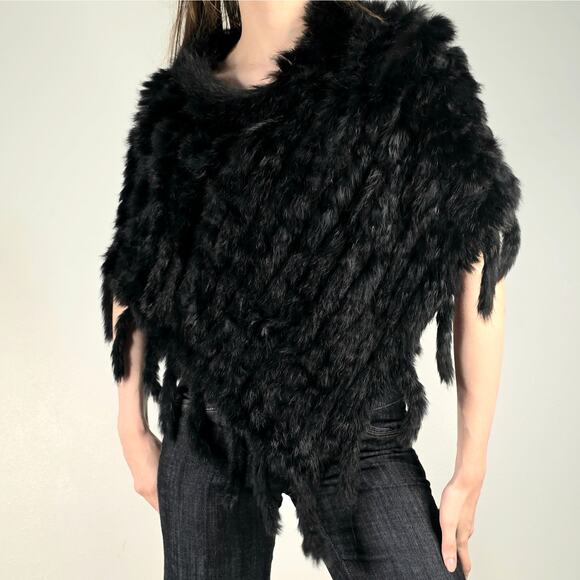 Sweaters - Rabbit Fur Poncho Cape Fringe Shawl Womens Goth Hollywood Glam Black